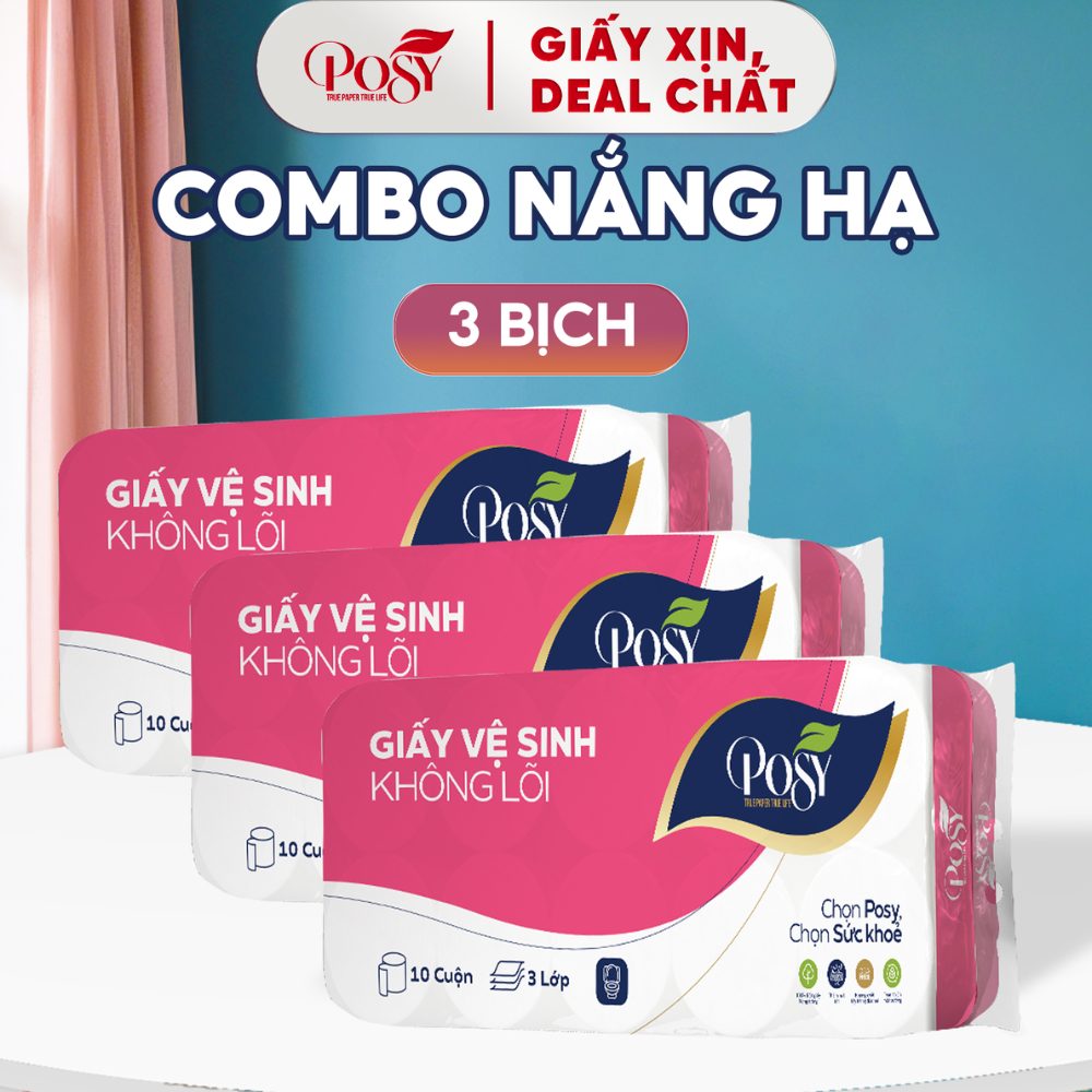 POSY_[Live Kol-Combo Nắng Hạ] 3 Bịch Giấy Vệ Sinh Posy 10 Cuộn 3 Lớp Mềm Mịn Dễ Tan Trong Nước