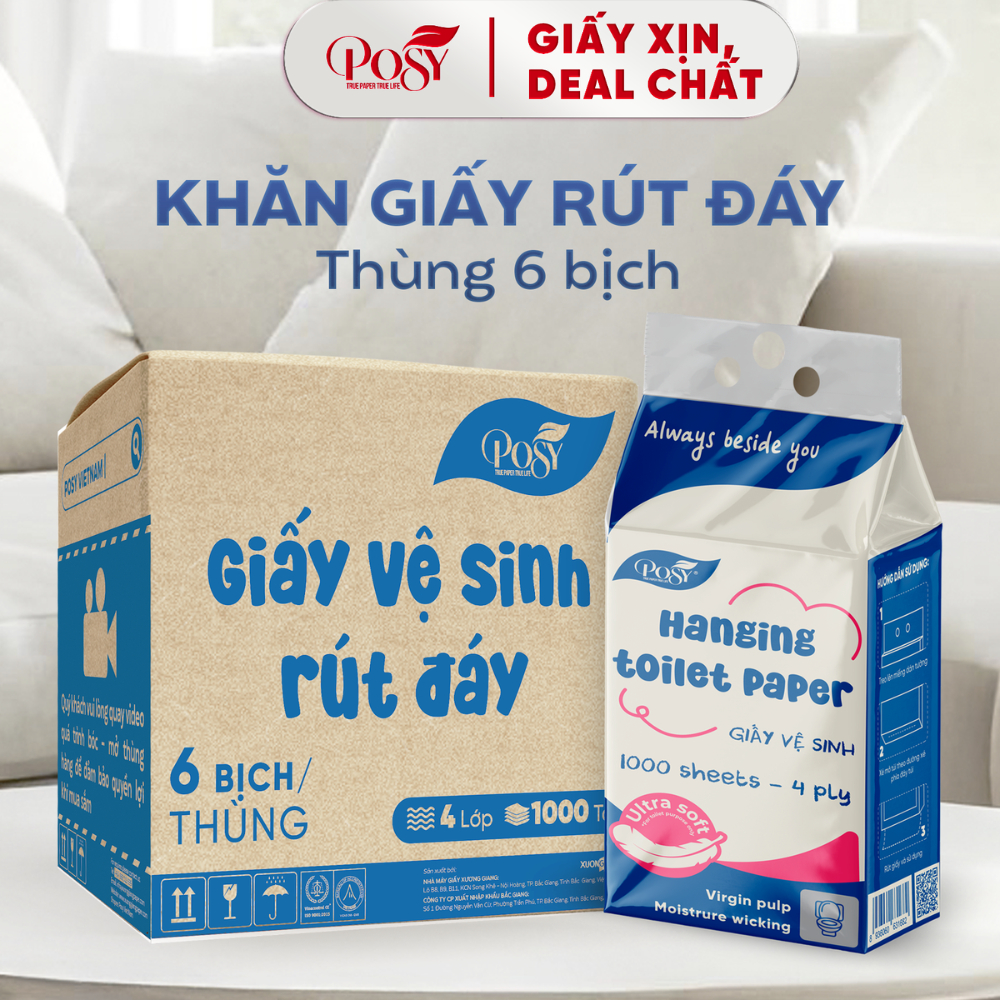 [MUA 3 TẶNG 3]_ S6_Thùng 6 bịch giấy vệ sinh rút đáy Posy 1000 tờ 4 lớp mềm dai , thấm hút và an toà