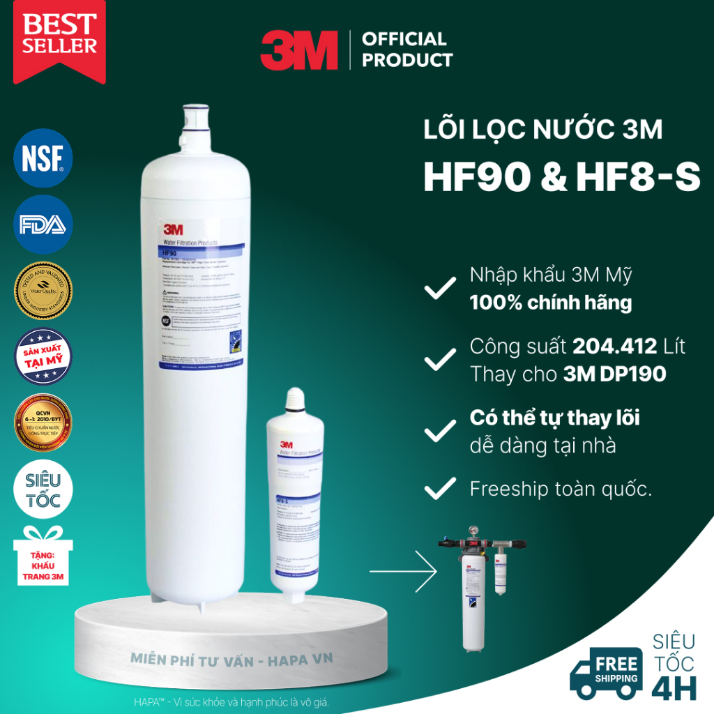 Bộ 2 Lõi Lọc 3M HF90 HF80-S Chính Hãng Thay Cho Máy Lọc Nước 3M DP190 HF90 HF80S, Nhập Khẩu Mỹ