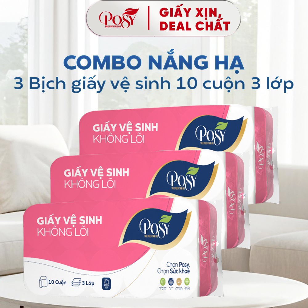 S6 [COMBO NẮNG HẠ] Combo 3 Bịch GVS Posy 10 cuộn 3 lớp (1.6kg/bịch), giấy mềm mịn, làm từ bột giấy t