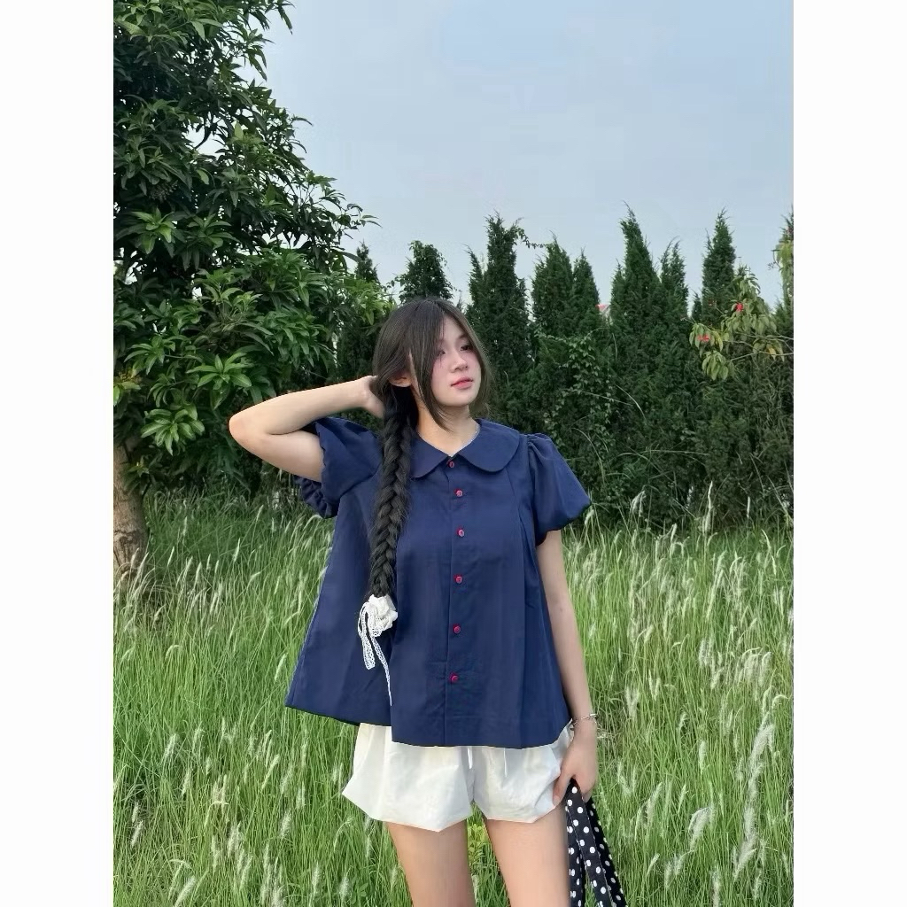 Áo Sơmi Cổ Sen Tay Ngắn Bồng Nút Đỏ Form Rộng Babydoll Dễ Thương | BigBuy360 - bigbuy360.vn