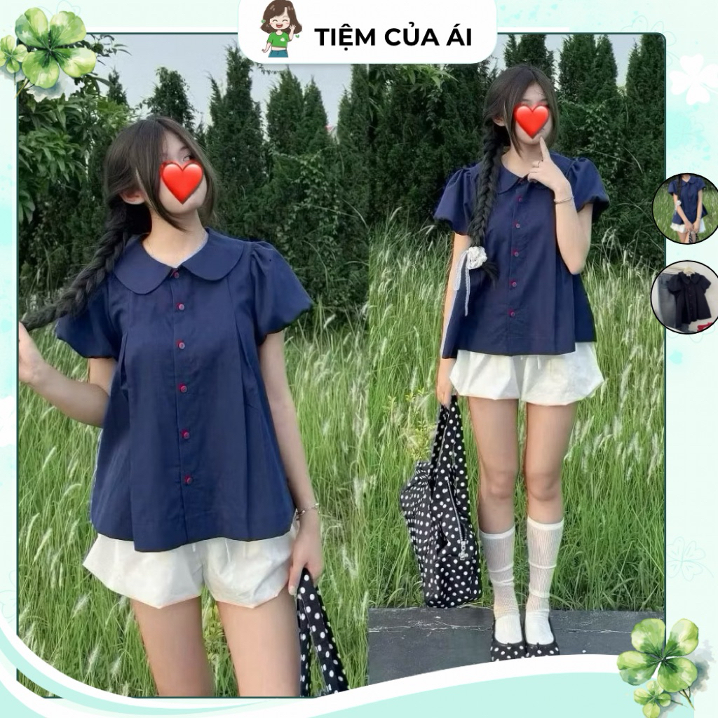 Áo Sơmi Cổ Sen Tay Ngắn Bồng Nút Đỏ Form Rộng Babydoll Dễ Thương | BigBuy360 - bigbuy360.vn