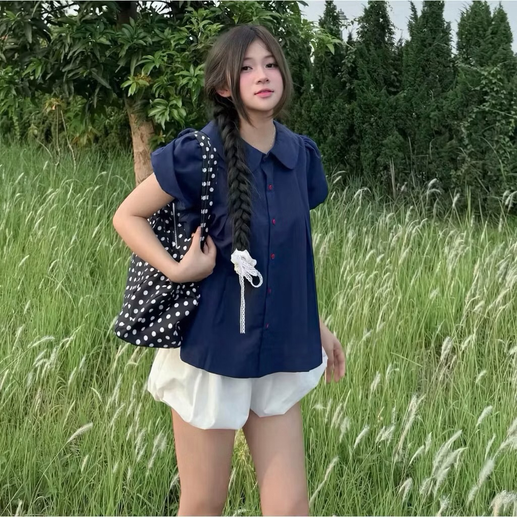 Áo Sơmi Cổ Sen Tay Ngắn Bồng Nút Đỏ Form Rộng Babydoll Dễ Thương | BigBuy360 - bigbuy360.vn