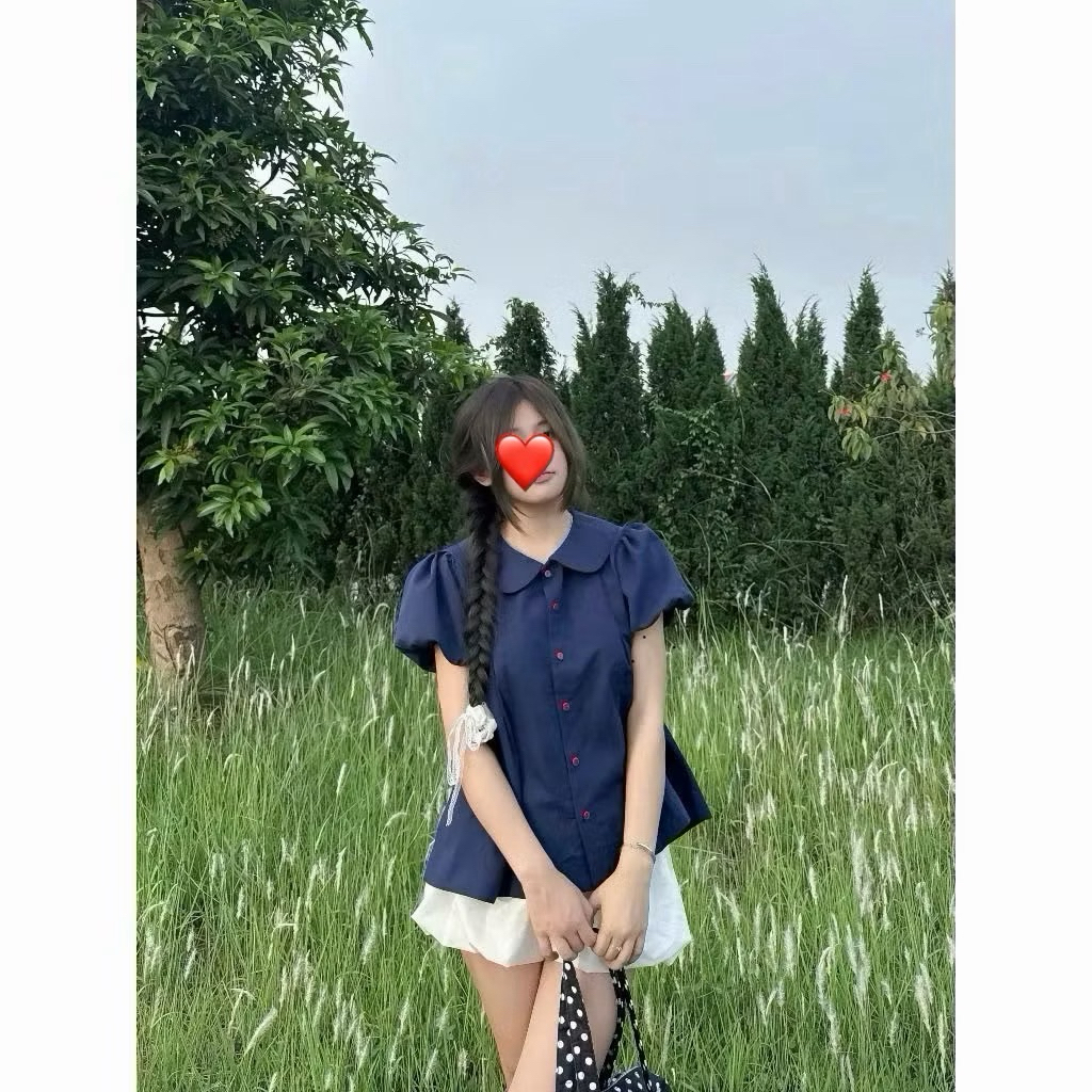 Áo Sơmi Cổ Sen Tay Ngắn Bồng Nút Đỏ Form Rộng Babydoll Dễ Thương | BigBuy360 - bigbuy360.vn