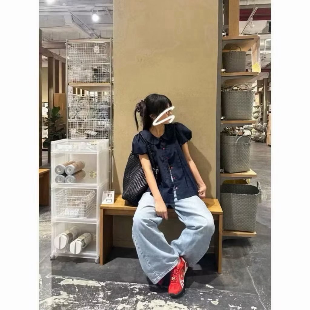 Áo Sơmi Cổ Sen Tay Ngắn Bồng Nút Đỏ Form Rộng Babydoll Dễ Thương | BigBuy360 - bigbuy360.vn