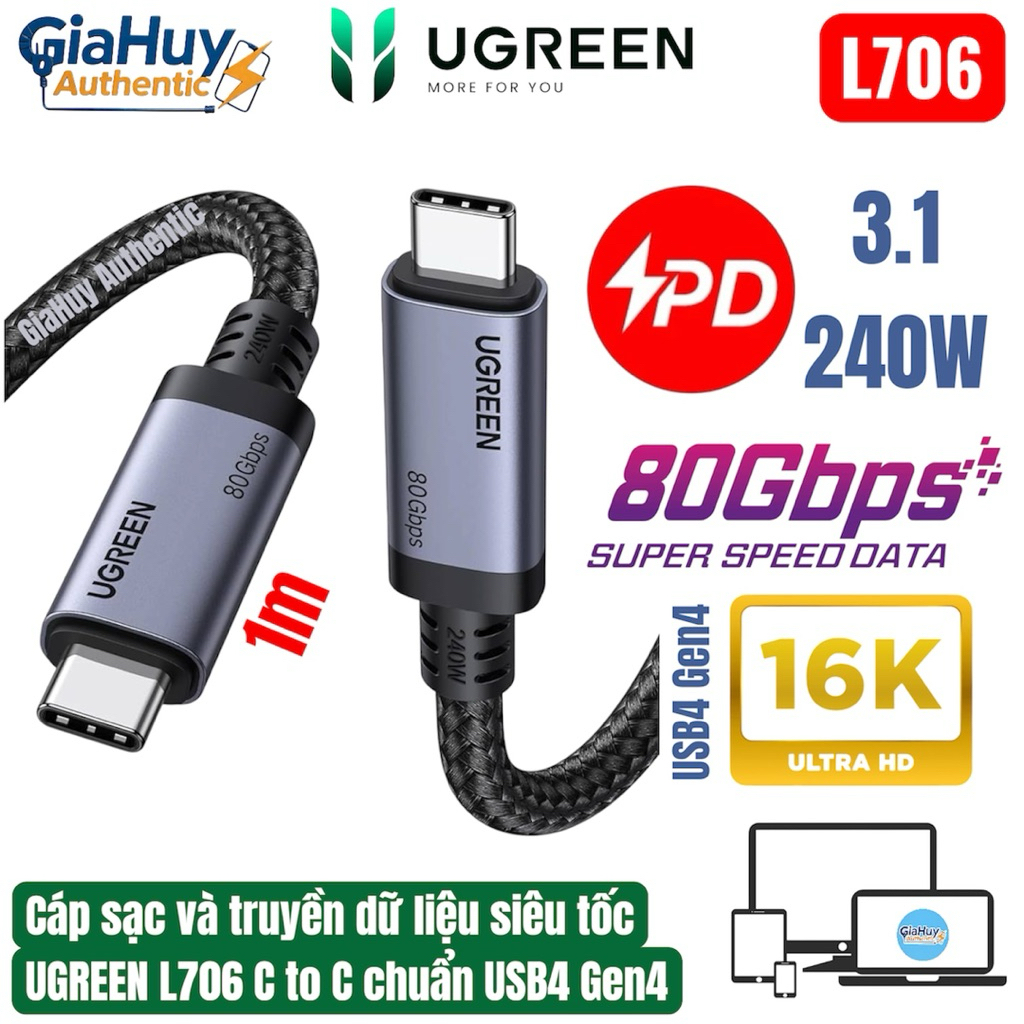 Cáp sạc và truyền dữ liệu UGREEN L706 C to C PD 3.1 240W chuẩn USB4 Gen4 dài 1m, xuất màn 16K@60Hz, 