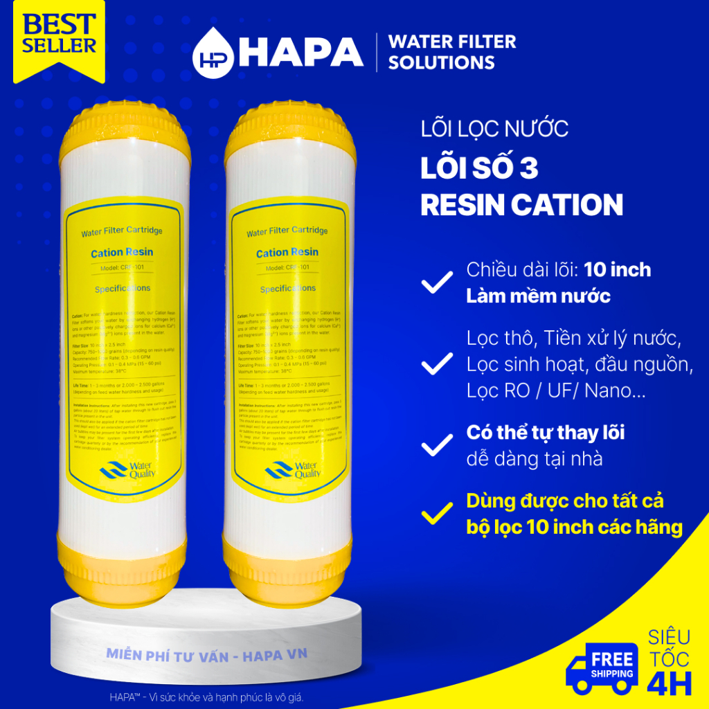 Lõi Lọc CATION 10 inch Lọc Cặn Canxi, Làm Mềm Nước Máy RO Sunhouse Kangaroo Karofi Aqua Mutosi AquaY
