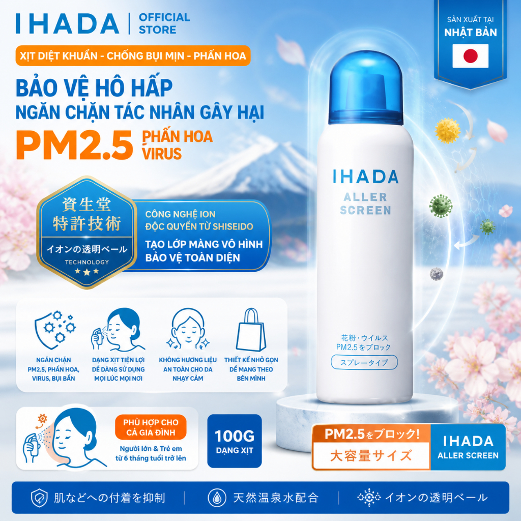 Xịt diệt khuan chống bụi mịn phấn hoa IHADA 100g Nhật Bản