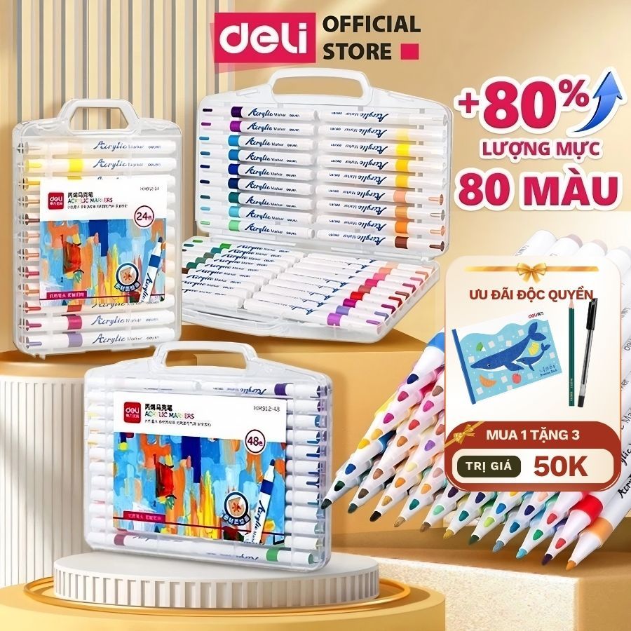 (QUÀ 50K) Bút lông màu Acrylic Markers Deli EC191 hộp 12/24/36/64 Box Màu Acrylic Marker cho Bé Học Sinh Mỹ thuật