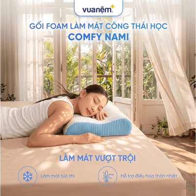 Gối foam Comfy Nami làm mát mùa hè, gối ngủ Vua Nệm cao cấp nâng đỡ vai gáy, gối ngủ cao su non