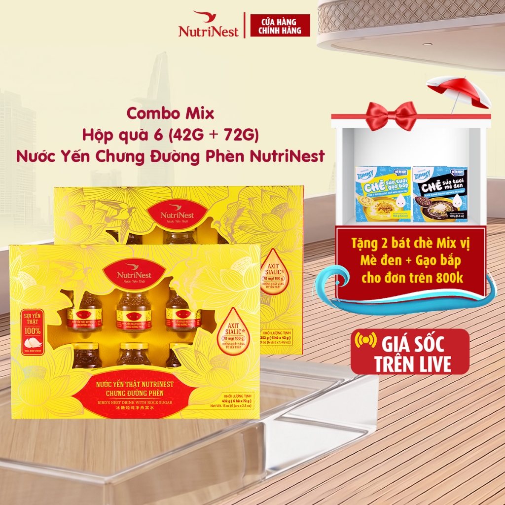 Hộp Quà 6 Hũ Yến Chưng Đường Phèn Nguyên Chất NUTRINEST Bồi Bổ Sức Khỏe - Hũ 42g / 72g