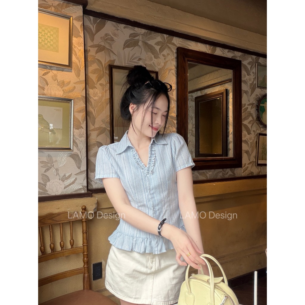 Áo sơ mi áo kiểu nữ cổ V nhún trẻ trung LAMO - B1565 | BigBuy360 - bigbuy360.vn