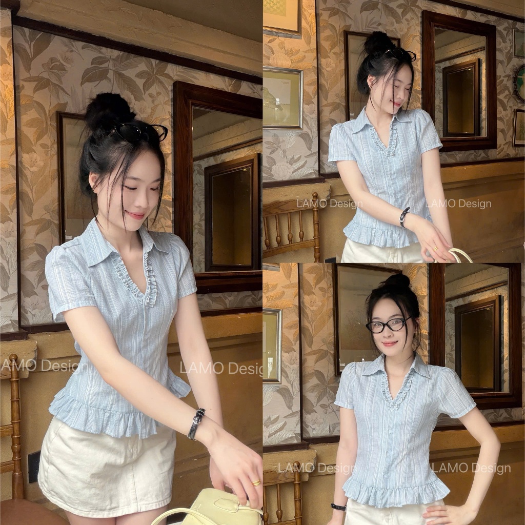 Áo sơ mi áo kiểu nữ cổ V nhún trẻ trung LAMO - B1565