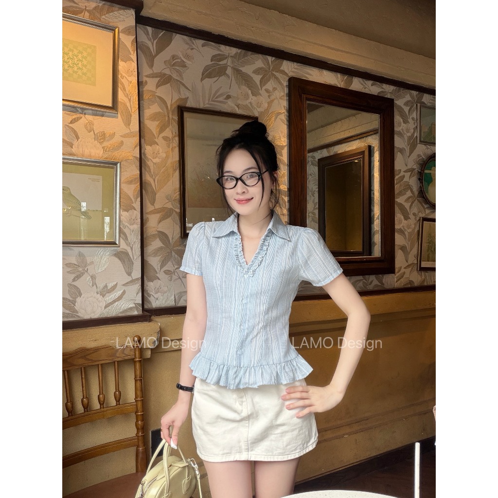 Áo sơ mi áo kiểu nữ cổ V nhún trẻ trung LAMO - B1565 | BigBuy360 - bigbuy360.vn