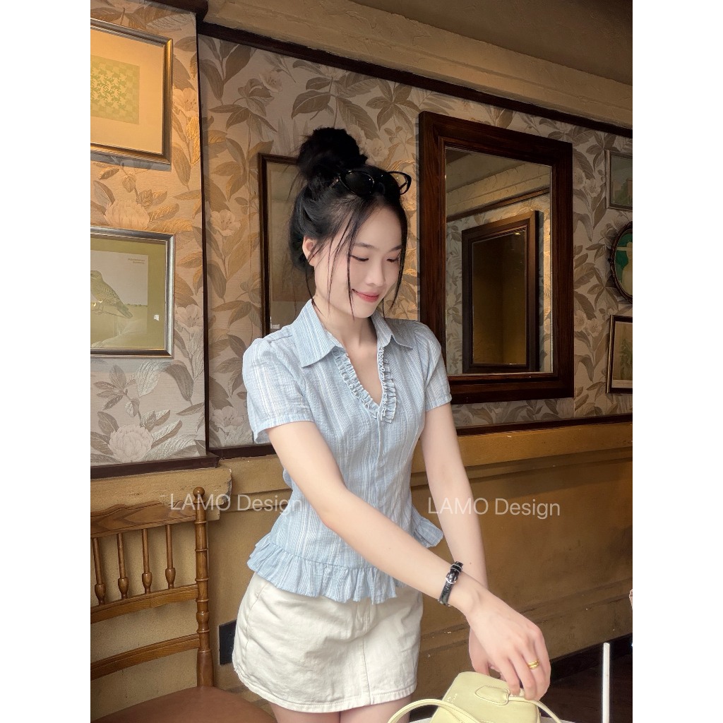 Áo sơ mi áo kiểu nữ cổ V nhún trẻ trung LAMO - B1565 | BigBuy360 - bigbuy360.vn