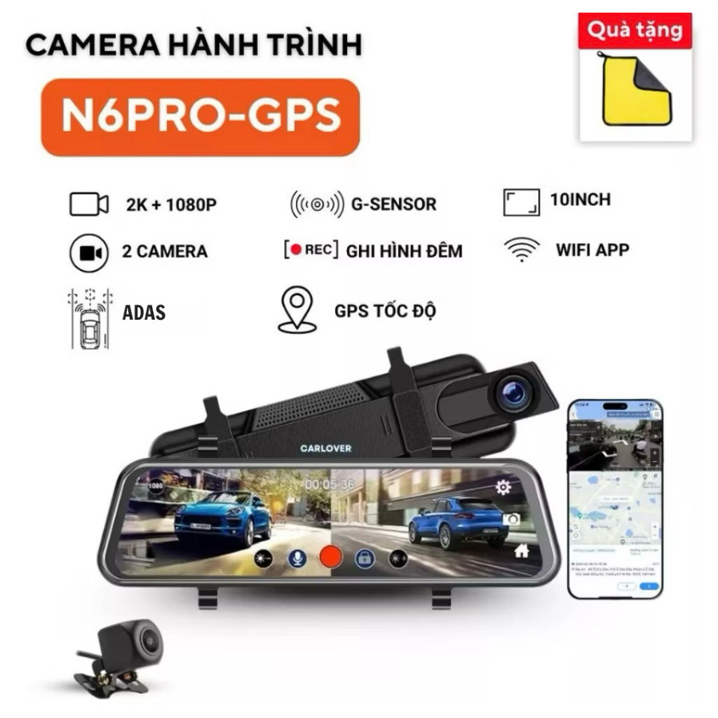 Camera Hành Trình Ô Tô Gương N6PRO CARLOVER tích hợp GPS l 4K Siêu Nét – Cảnh Báo Tốc Độ, Cảnh Báo V