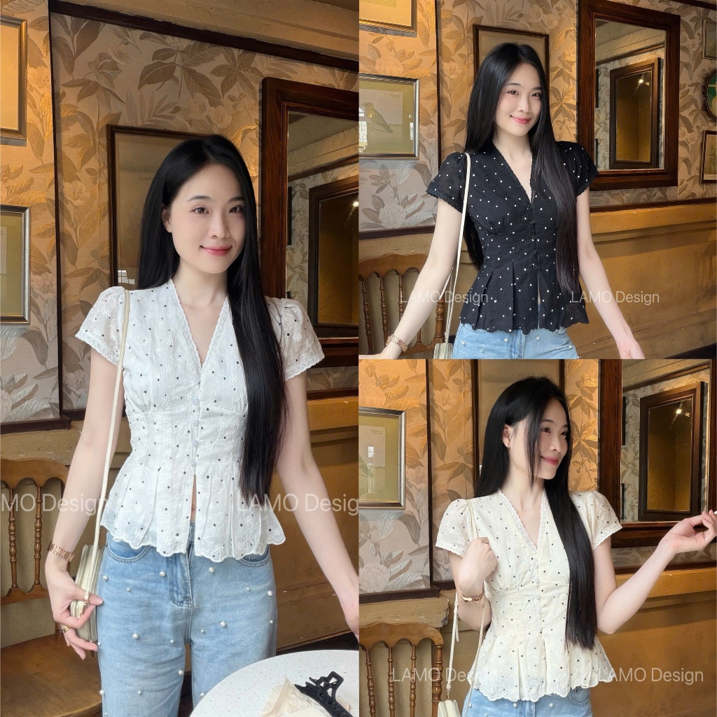 Áo sơ mi cổ V xô hoa thêu chấm bi viền ren trẻ trung LAMO - B1567 | BigBuy360 - bigbuy360.vn