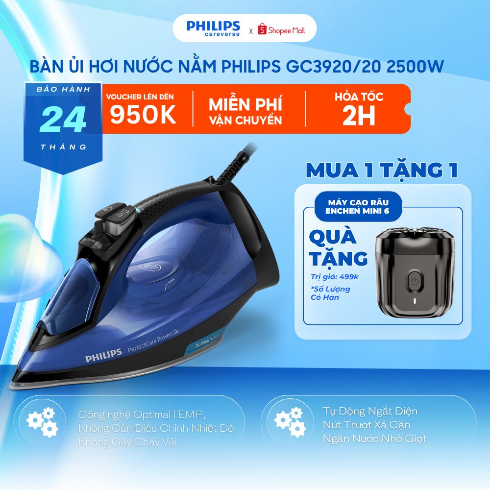 Bàn Ủi Hơi Nước Nằm Philips GC3920/20 2500W -  Công Suất Phun Mạnh, Tự Chỉnh Nhiệt Không Cháy Vải