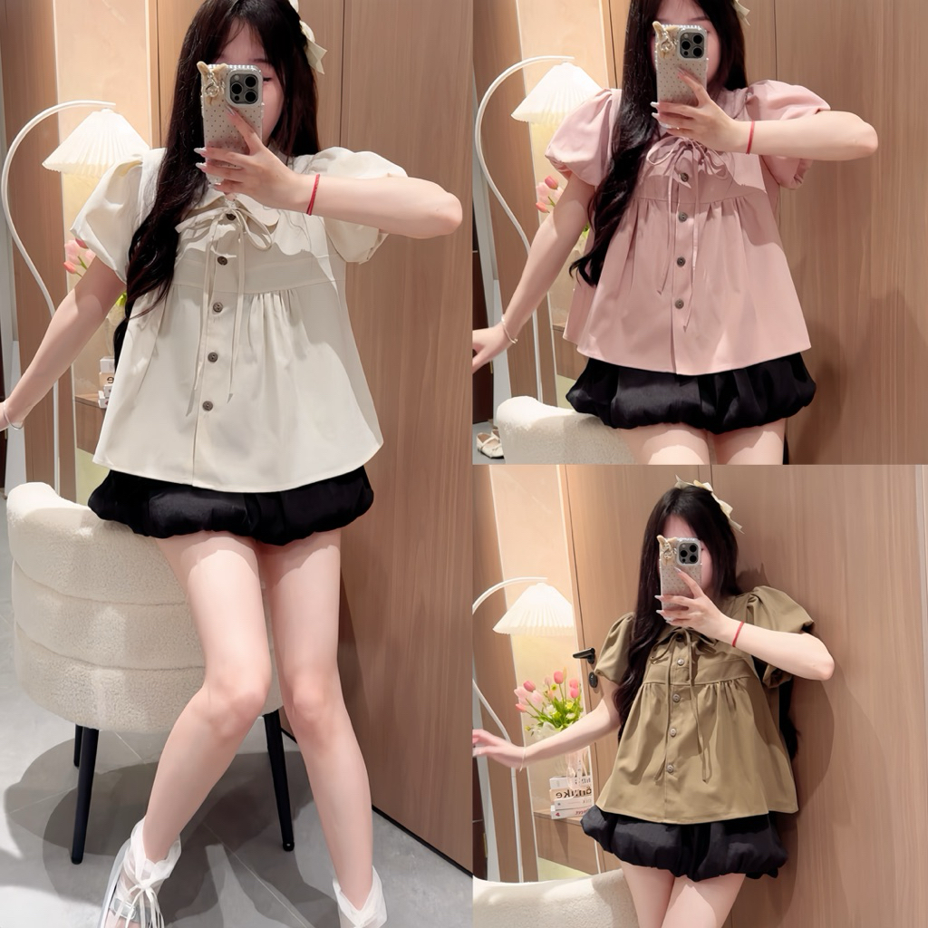 Áo Babydoll Dáng Xoè Cổ Sen Tay Bồng Kèm Dây Buộc Nơ Phong Cách Tiểu Thư Dilyshop - A148