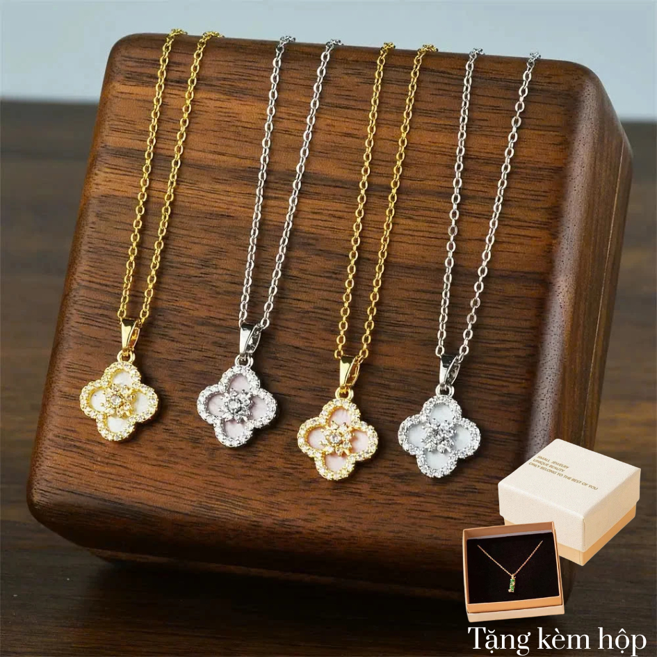 Dây Chuyền Cỏ Bốn Lá Titan Không Gỉ Đính Đá Vòng Cổ Nữ Titan Không Gỉ Cao Cấp May Mắn Hàn Quốc - Jew
