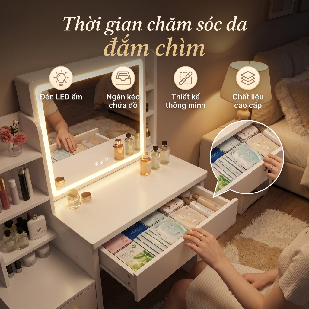 BM Bàn trang điểm bệt có ngăn kéo, bàn bệt có ngăn kéo chất liệu gỗ MDF phủ Melamine | BigBuy360 - bigbuy360.vn