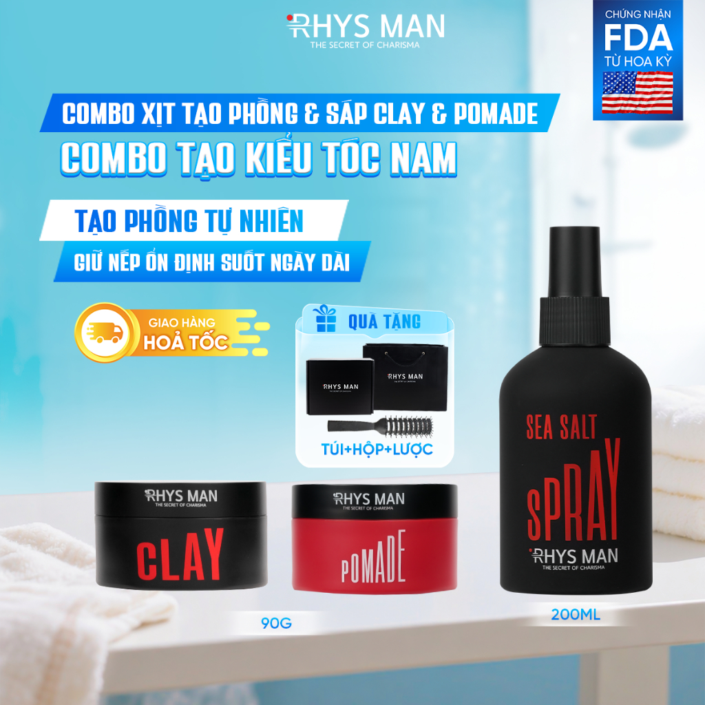 Combo - Xịt tạo phồng tóc 200ml & Sáp vuốt tóc Pomade & Sáp vuốt tóc 3S Airy Texture Clay 90g Rhys M