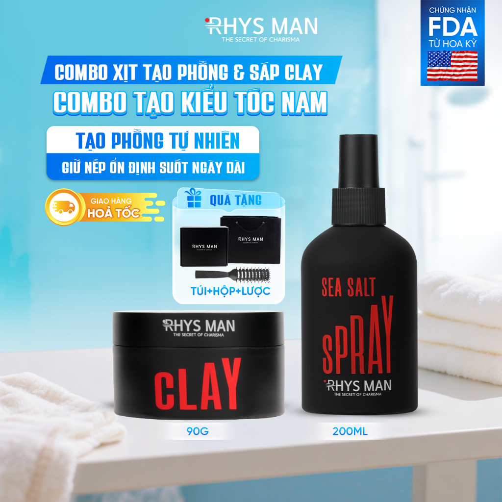 Combo - Xịt tạo phồng tóc 200ml & Sáp vuốt tóc 3S Airy Texture Clay 90g Rhys Man