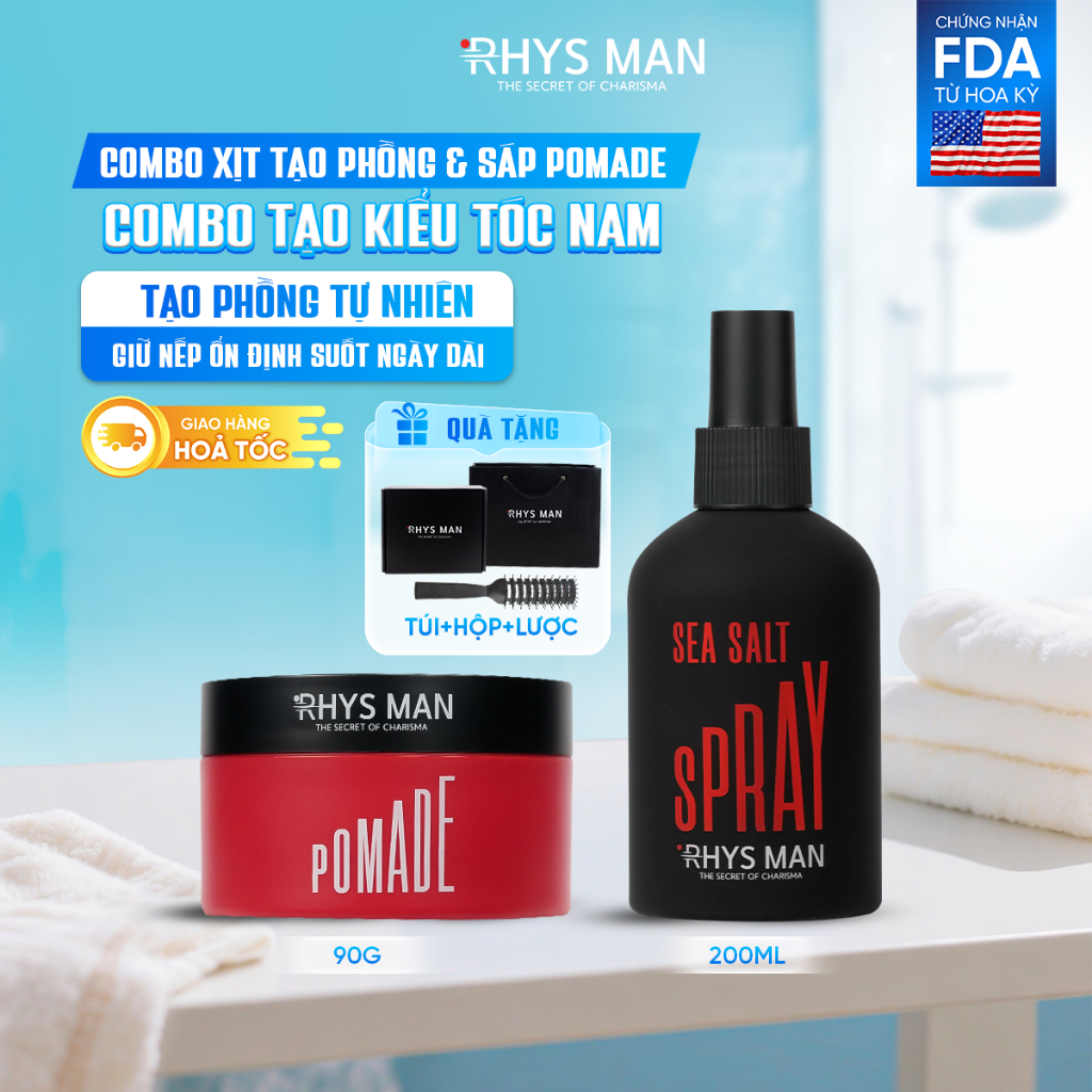 Combo - Xịt tạo phồng tóc 200ml & Sáp vuốt tóc Pomade 90g Rhys Man