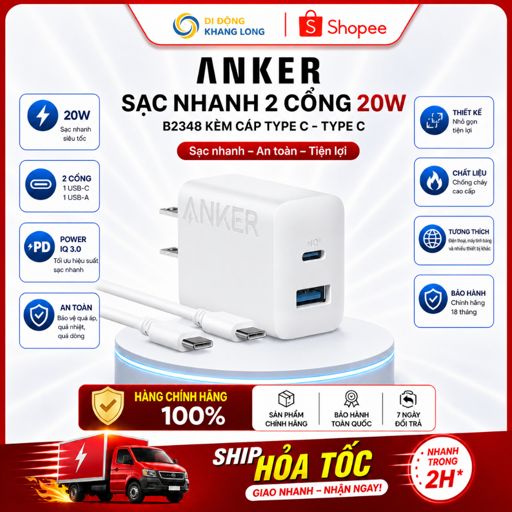 Anker Bộ Sạc USB C 20W Sạc nhanh Cổng sạc kép Nhỏ và gọn cho IPhone 13/14/15/16 trở lên A2348 B2348 