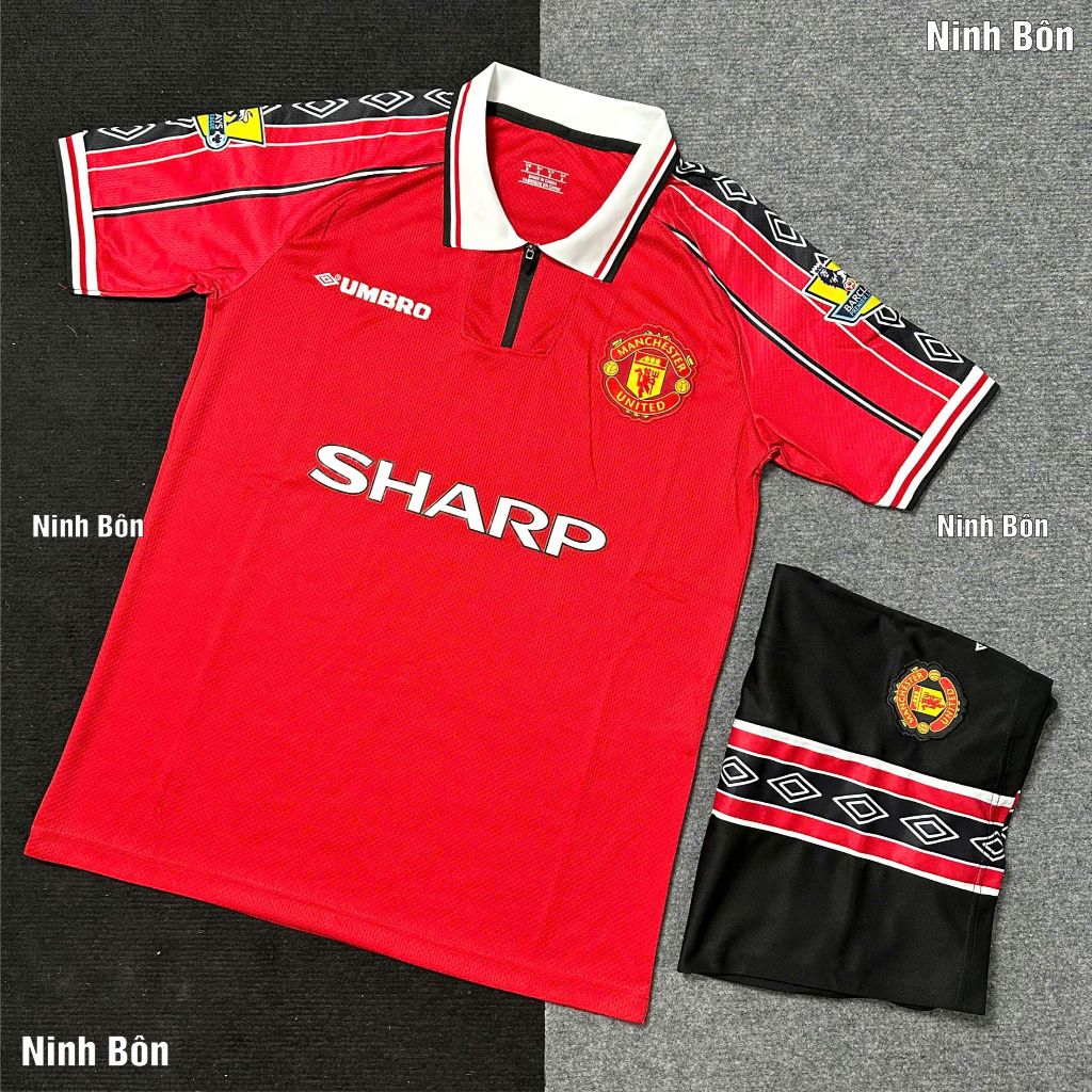 Bộ Quần Áo Bóng Đá CLB Manchester United 1999, Áo Đá Banh MU Retro - Vải Polyester Gai Thái Cao Cấp