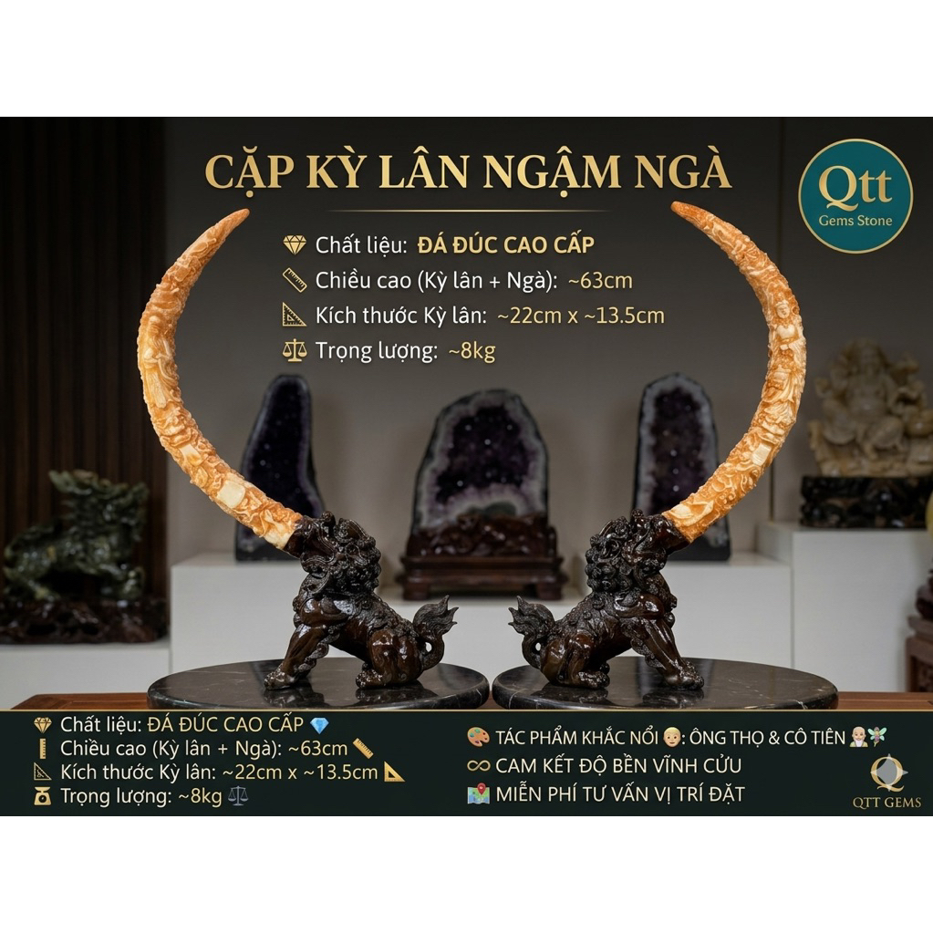 Cặp Kỳ Lân Ngậm Ngà Đá Đúc Cao Cấp (Cao 63cm, Nặng 8kg) -Tượng Phong Thủy Chạm Khắc Ông Thọ Cô Tiên-