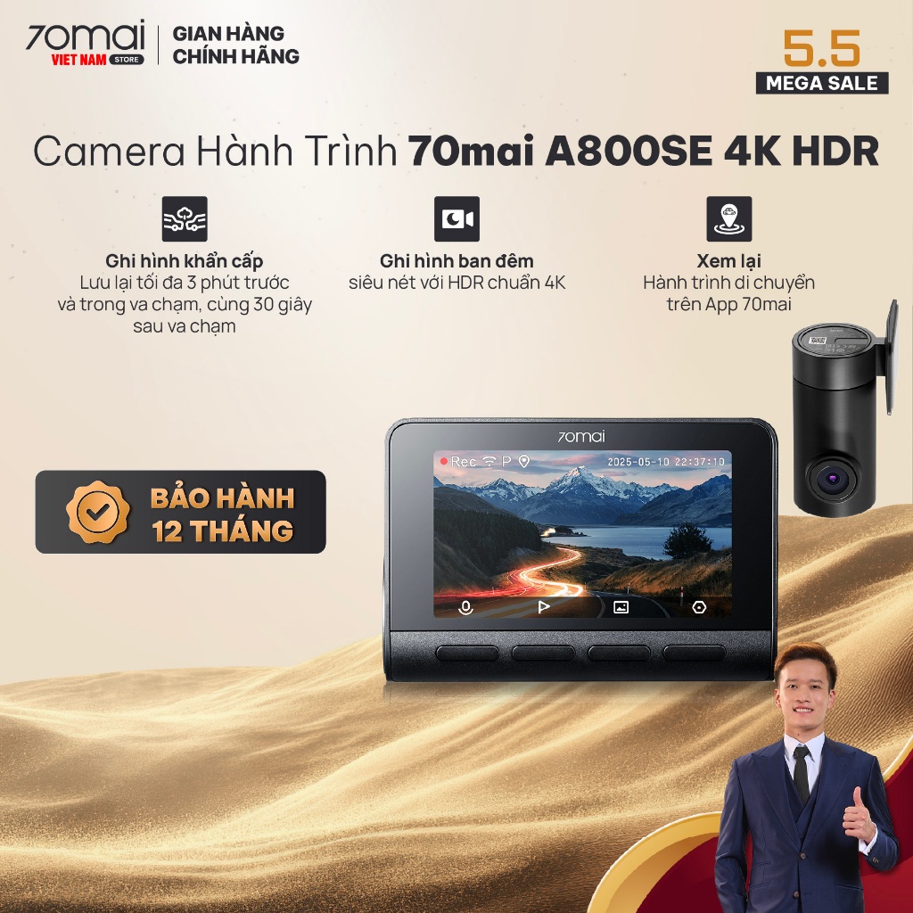 Camera hành trình 70mai A800SE độ phân giải 4K, cam trước sau, Chế độ HDR, Phiên Bản Quốc Tế
