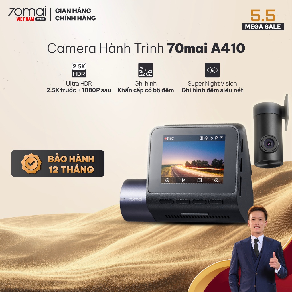 Camera hành trình 70mai A410 2.5K HDR ghi hình 2 mắt trước sau siêu nét, giám sát đỗ xe 24h