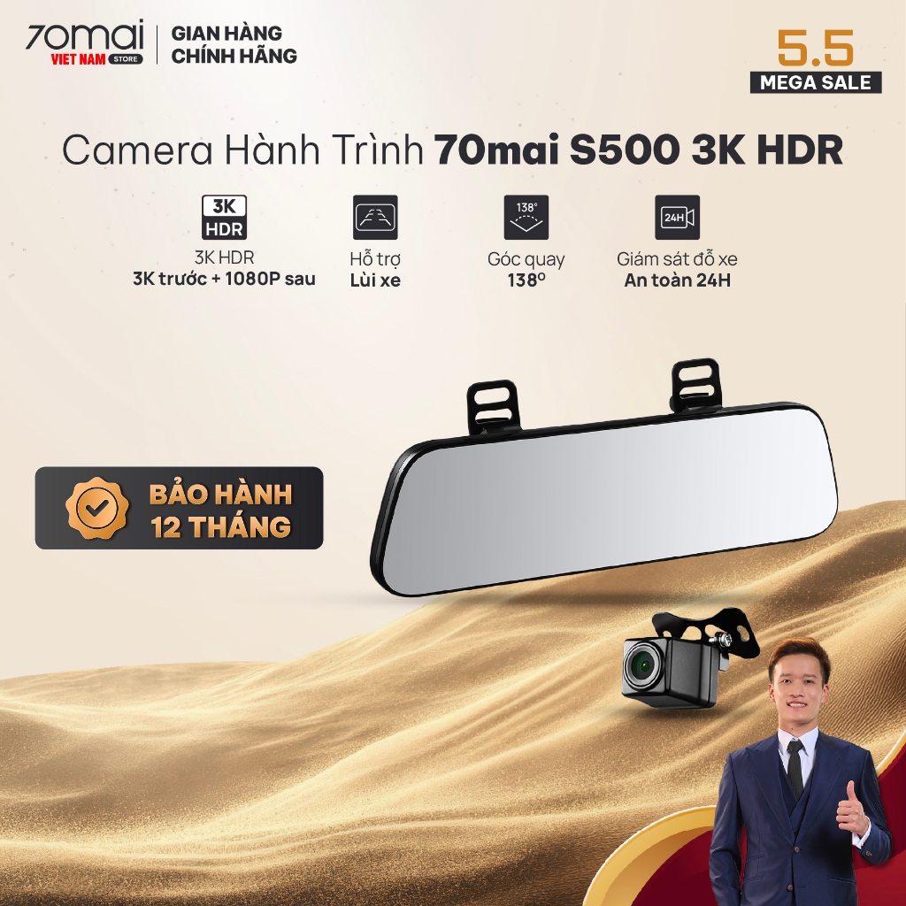 Camera Hành Trình gương 70mai S500 Plus trước và sau, Ghi Hình 3K HDR, bản Quốc Tế