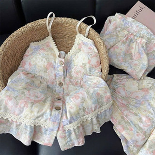 Set bộ đồ ngủ 3 món áo 2s dây kèm quần cộc và quần dài hoạ tiết vintage hoa (kèm đệm ngực)