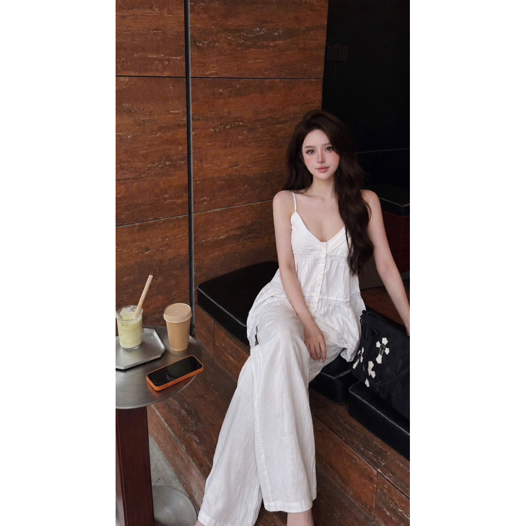 Áo hai dây pha ren dáng babydoll, áo 2s babydoll trắng