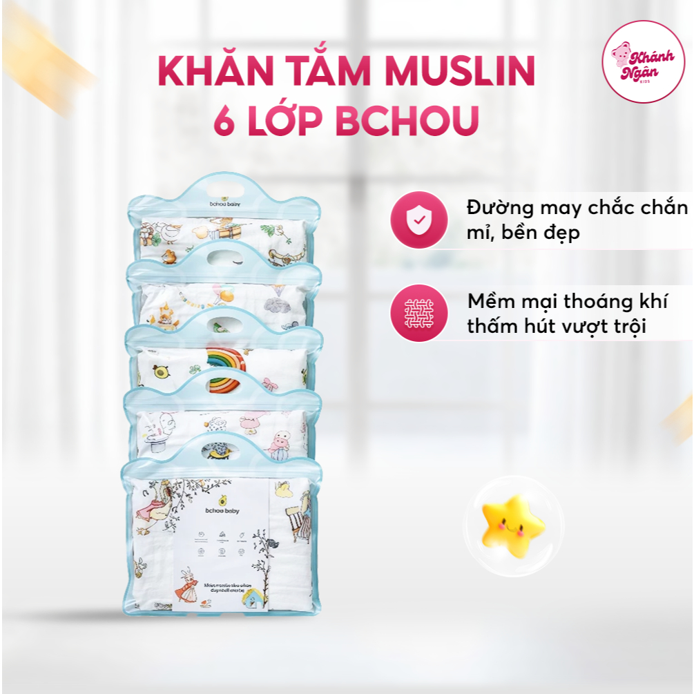 Khăn Tắm Muslin 6 Lớp Bchou Cho Bé Khánh Ngân Kids Mềm Thoáng Thấm Hút Tốt Họa Tiết Cổ Tích
