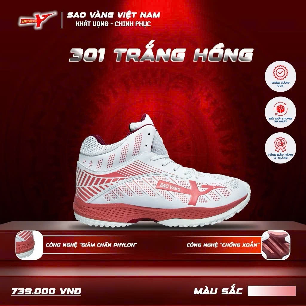 Sao Vàng Giày Bóng Chuyền 301 Cổ Cao Chống Lật Cổ Chân Tích Hợp Nam/Nữ, Tặng Quà NN.