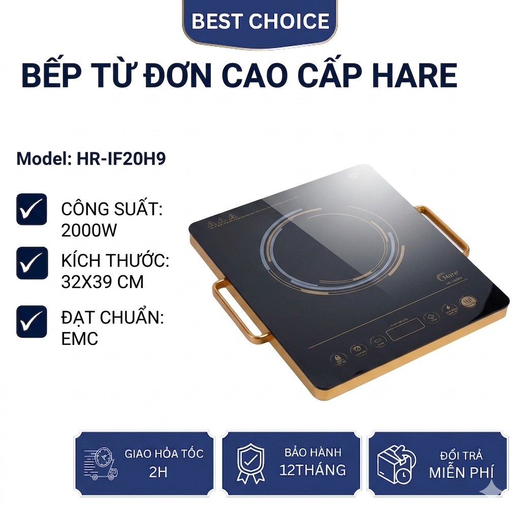Bếp Hồng Ngoại Đơn Hare HR-IF20H9 2000W Mặt Kính Cường Lực - Nấu Nhanh Chín Đều, Điều Khiển Cảm Ứng