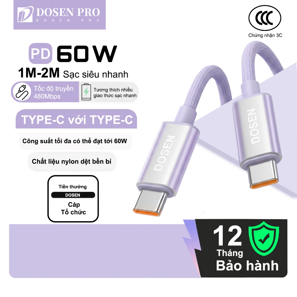 DOSEN PRO 1M-2M Dây cáp sạc nhanh PD 60W từ Type-C sang Type-C tiện dụng cho Phone 15 Macbook Pro iPad Xiaomi Samsung