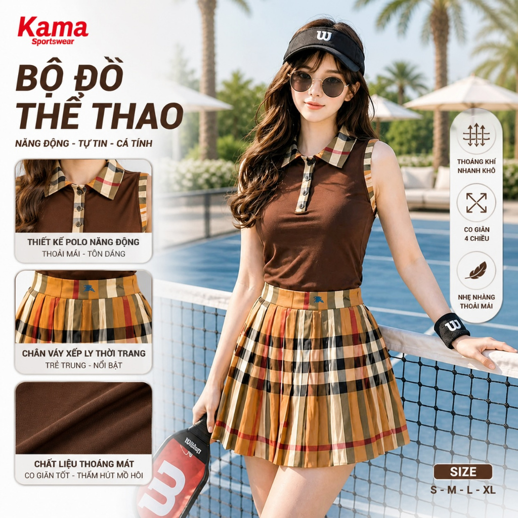 Bộ thể thao nữ Kama sport BP223, bộ áo sát nách mix chân váy kẻ tập pickleball, tennis, cầu lông