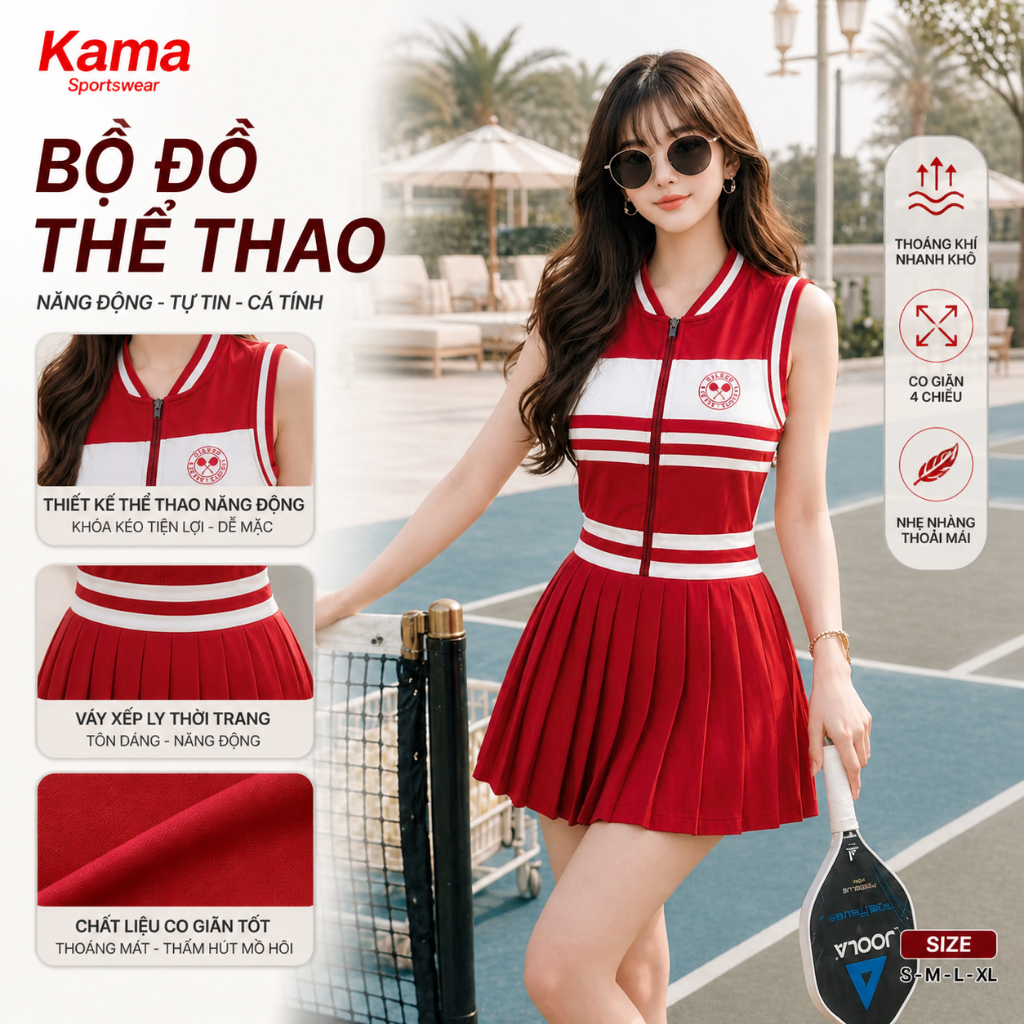 Bộ thể thao nữ Kama sport BP222, bộ váy liền của WL chất thun mềm co dãn tập pickleball, tennis, cầu