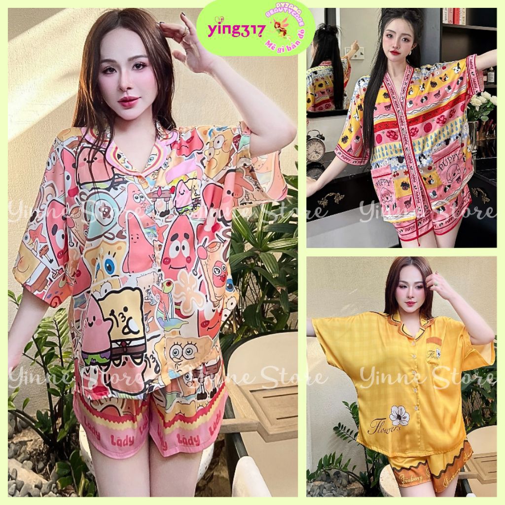 [P1] (BIGSIZE <70kg) °Lụa Latin LADY° Đồ bộ Pijama Đùi Sọt Tay Dơi Cổ Truyền thống/Cổ Y, Bộ ngủ mặc 