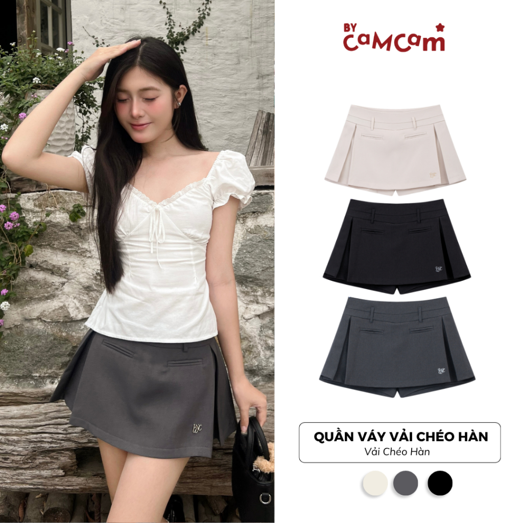 Quần Váy Bycamcam Cách Điệu Hàn Quốc Vải Chéo Hàn Đính Logo Nữ Tính CQA012