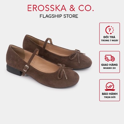 [EROSSKA] - Giày búp bê mary jane mũi tròn phối nơ chất liệu da lộn kiểu dáng basic cao 2,5cm màu nâu - EL127