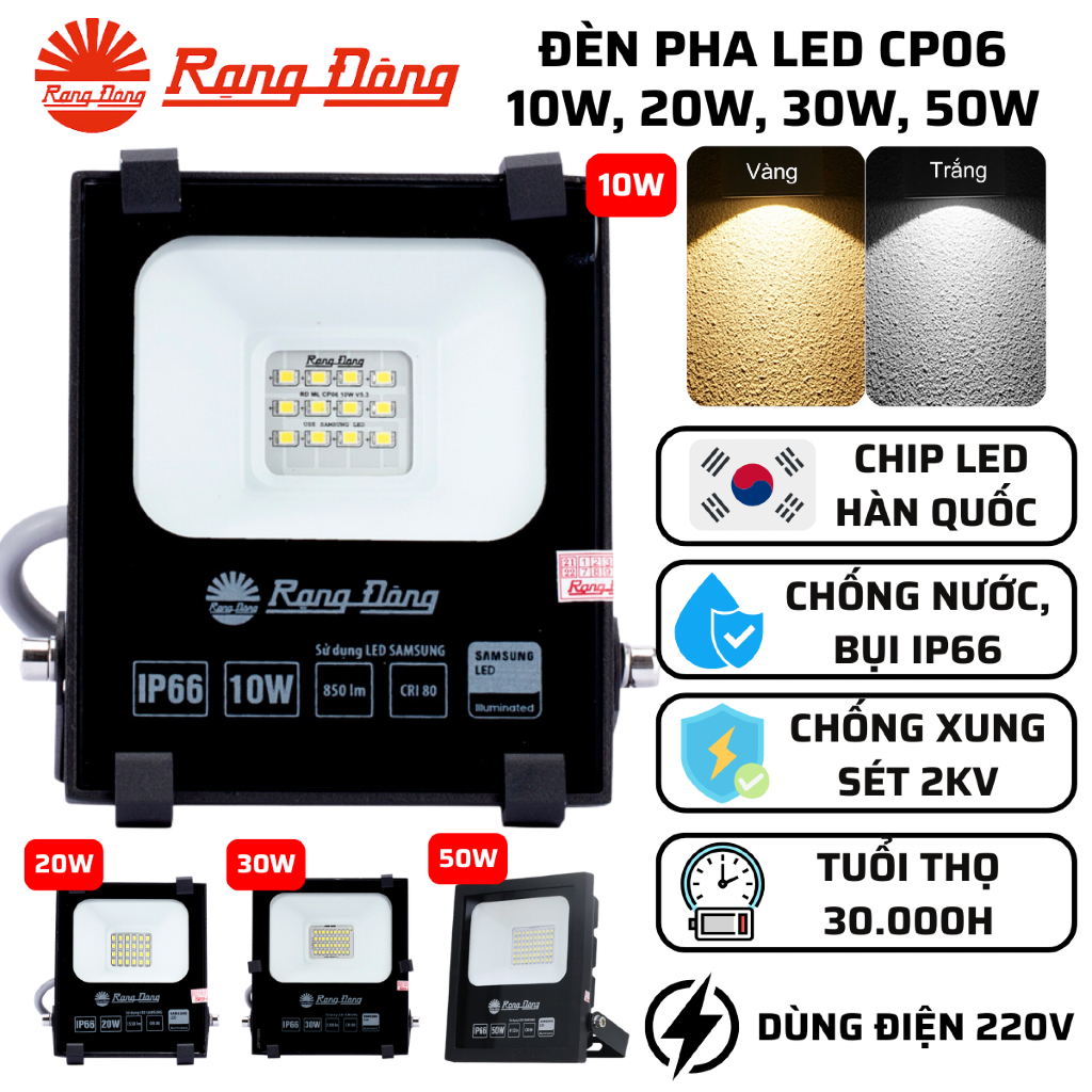 Đèn Pha LED 10W/20W/30W/50W/70W/100W Rạng Đông D CP06