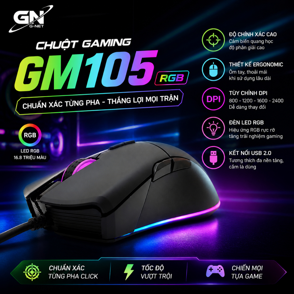 Thanh lý chuột G-Net GM105 RGB chính hãng loại 1 bảo hành lên đến 36 tháng giá cực tốt