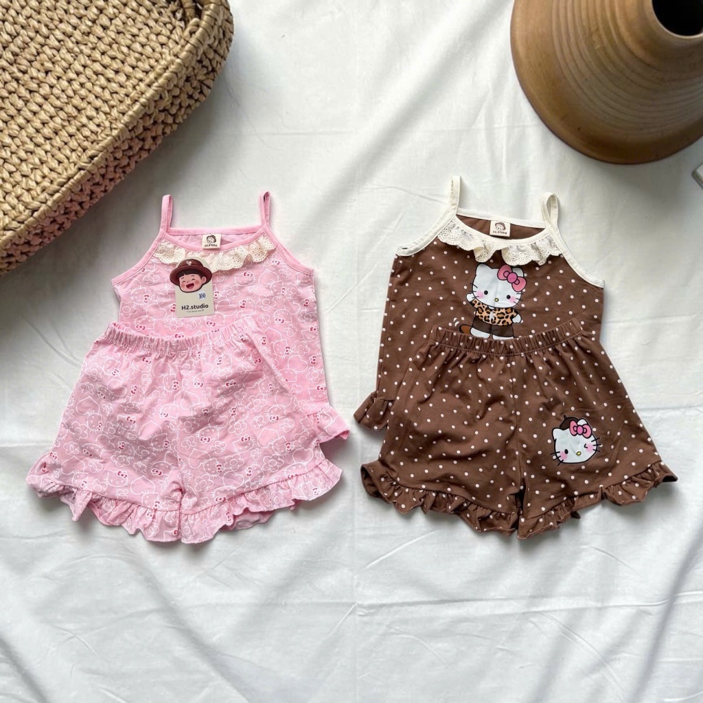 Set 2 bộ 2 dây bèo phối ren bé gái cotton mềm mịn, áo hai dây bèo phối quần nhún siêu xinh phong các