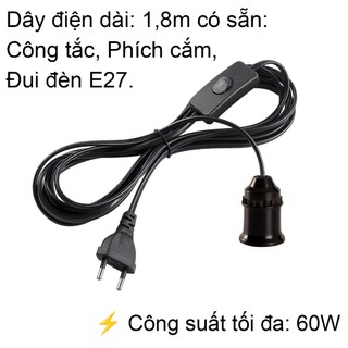 Dây đui đèn công tắc - có phích cắm, công tắc và đui đèn e27