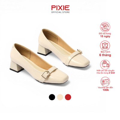 Giày Cao Gót Nữ 4cm Mũi Vuông Phối Khoá Da Bóng Thanh Lịch Pixie H448